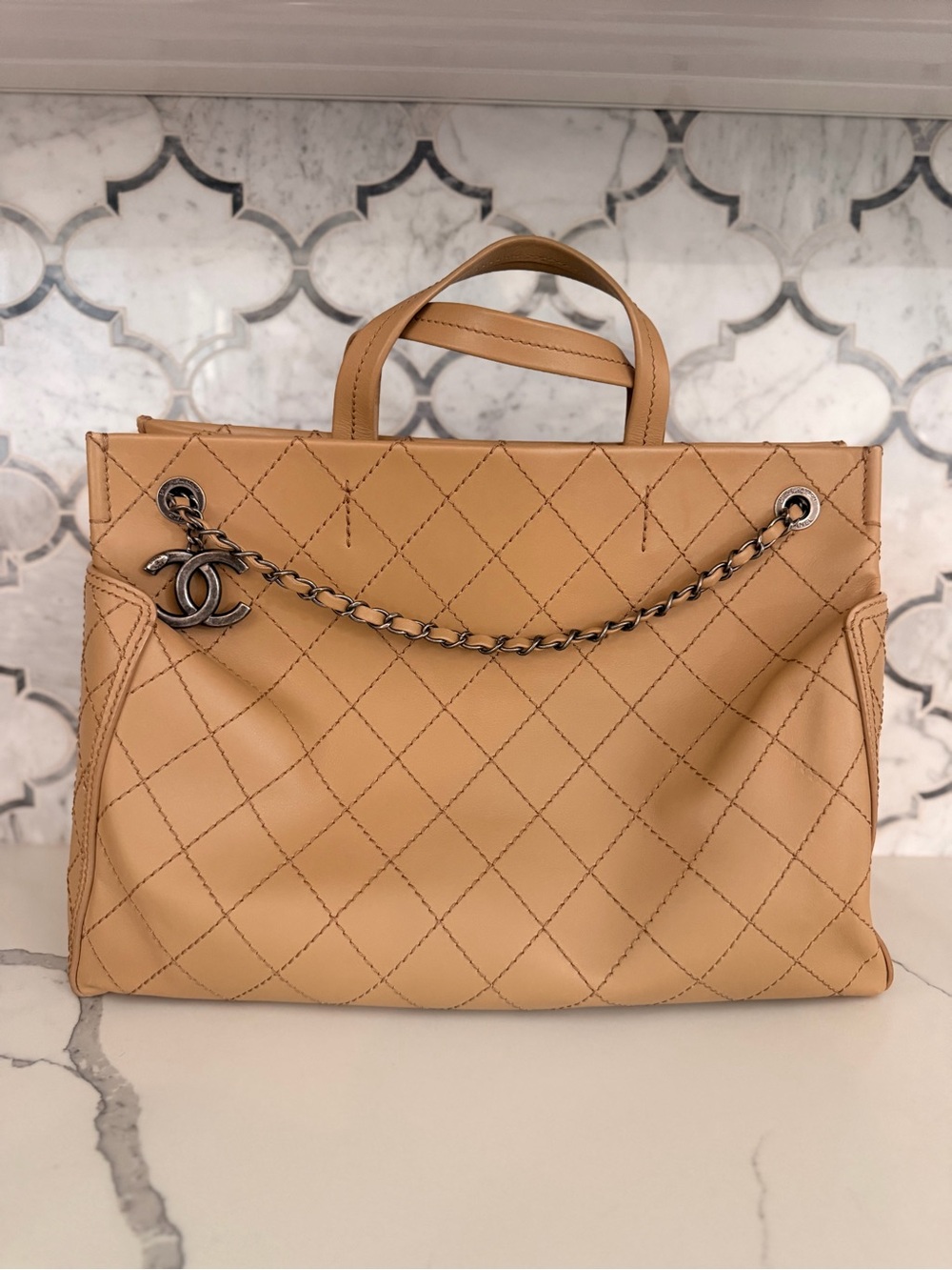 CHANEL Beige Quilted Leather Tote with Chain-Trim CC Charm